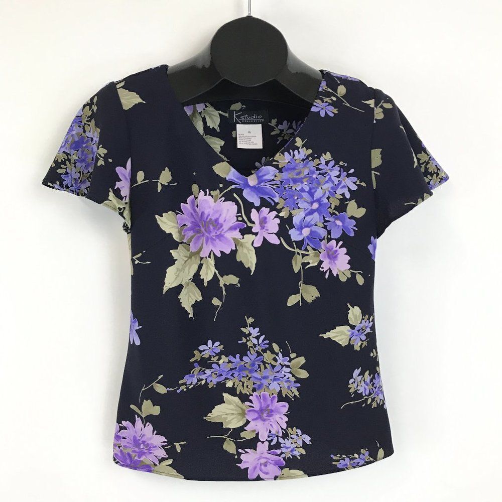 K Studio Collection Floral Blouse Women’s Size 8 V-Neck Short Sleeves Career